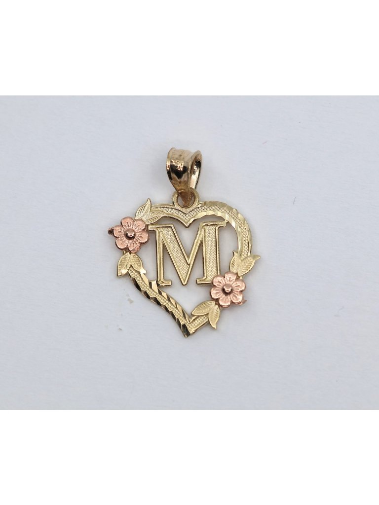 14k Two Tone Multi Color Gold Floral Initial Letter  M  Heart Charm Pendant